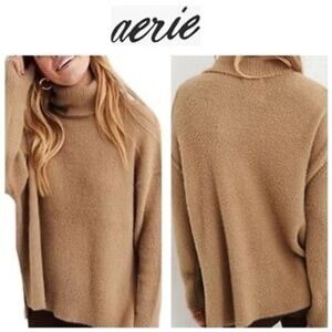 Aerie Buttercream Turtleneck Sweater Women's M Camel Tan Fuzzy Soft Cozy Knit